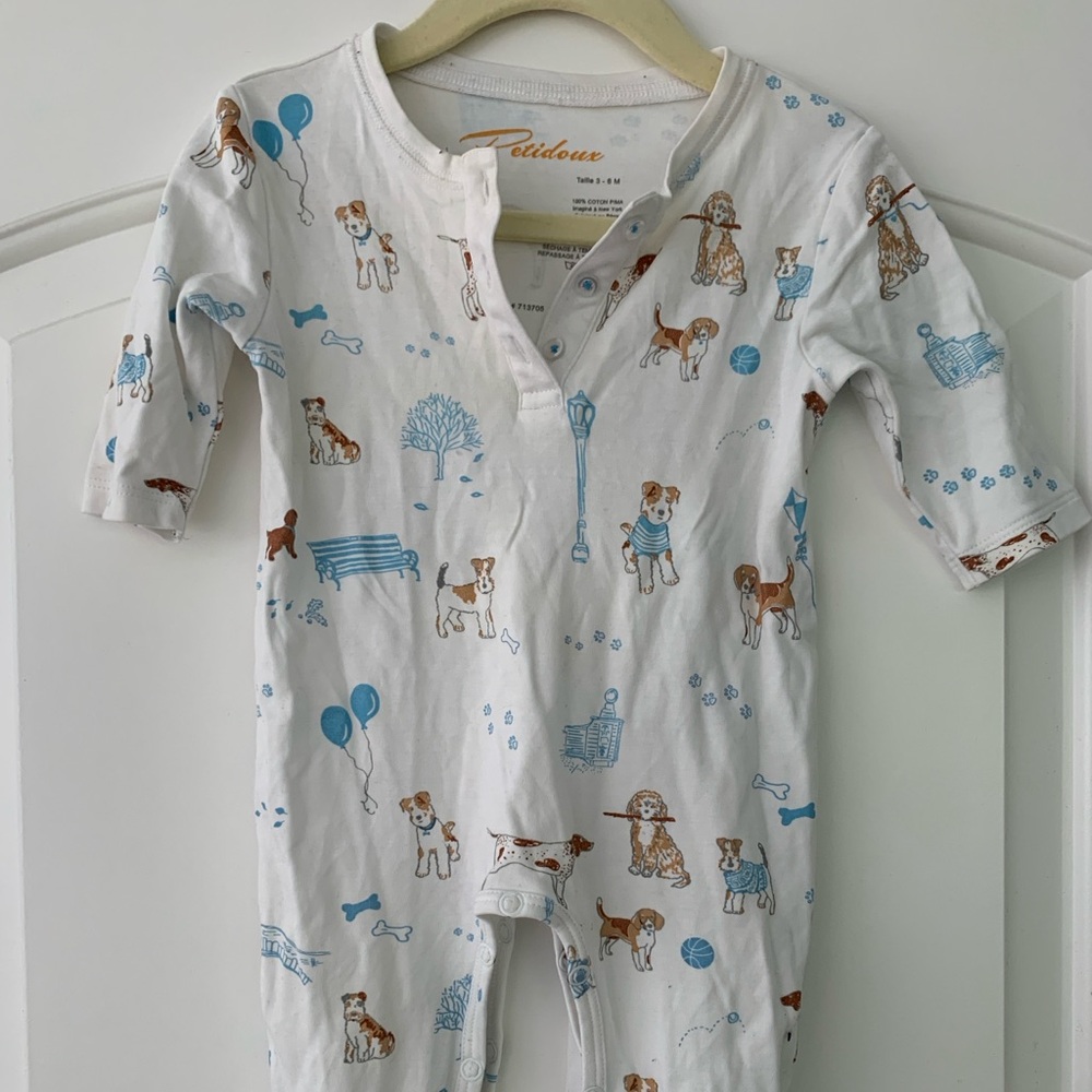 Adorable White and Blue Dog Print Kids Footie and Hat